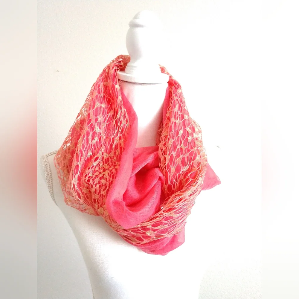 Stunning Fashion Infinity Scarf Peachy Pink with Gold Metallic Netting Overlay